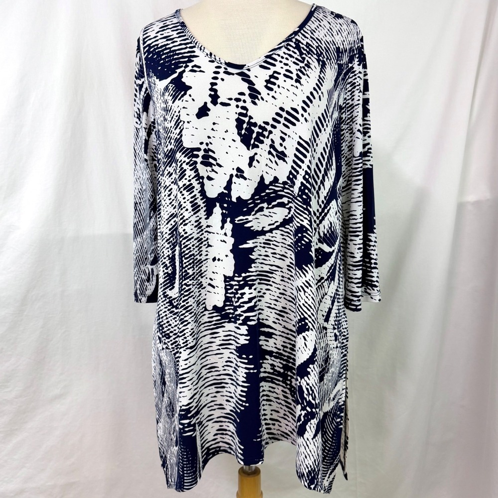 CLARA SUN WOO Navy White Abstract Print Tunic Large Travel Liquid Knit Artsy